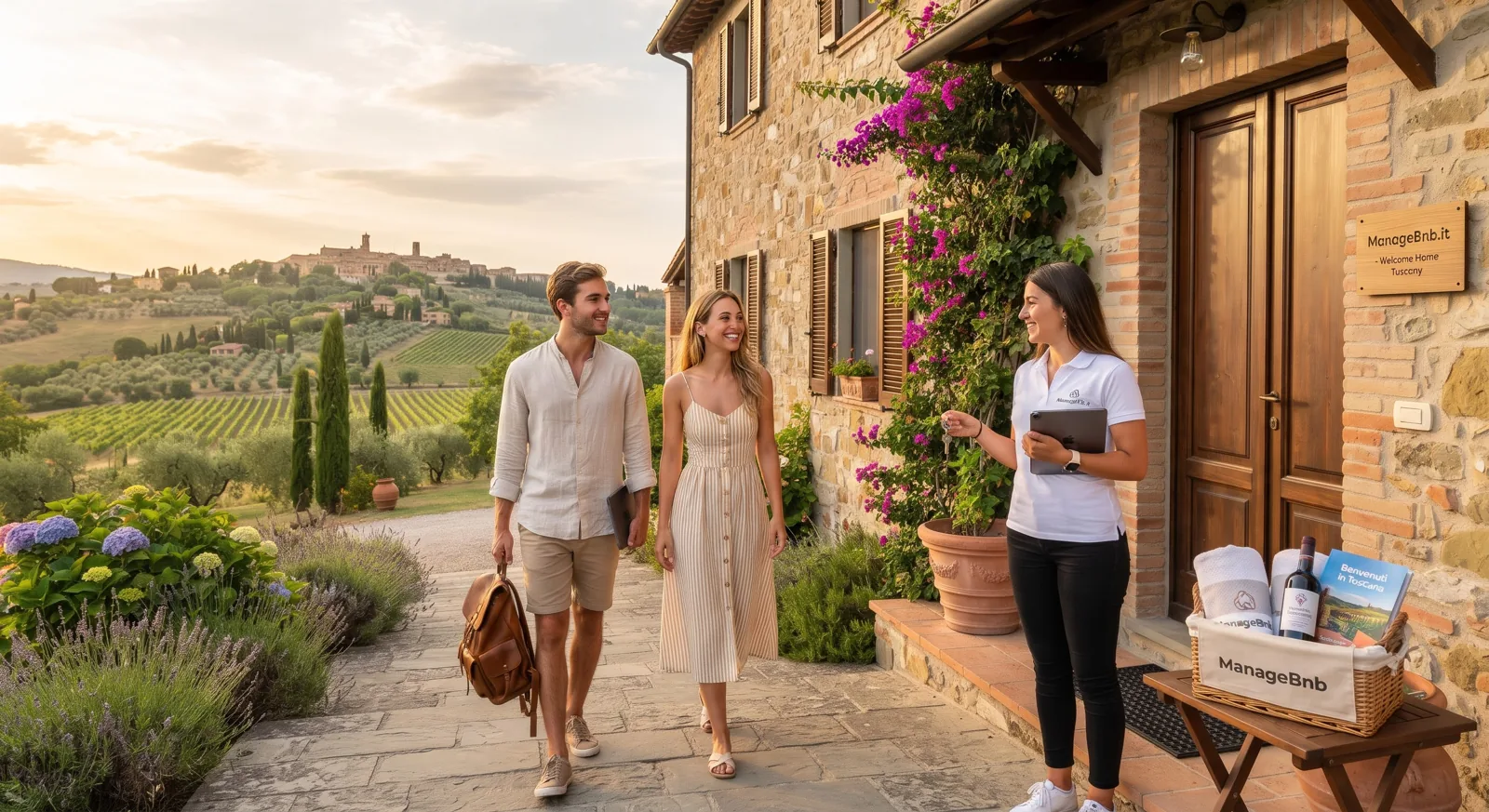 Coppia in arrivo per una vacanza in Toscana accolta da operatrice ManageBnb davanti a casale in pietra con vigneti sullo sfon